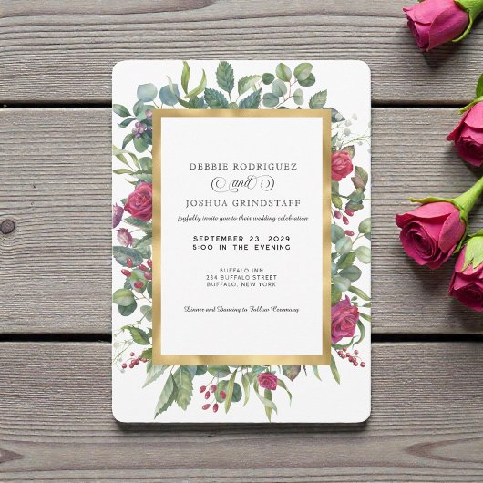 Burgundy Floral w/Gold Frame Wedding Invitation  招待状