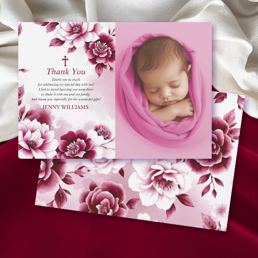 Burgundy floral watercolor girl Baptism photo サンキューカード