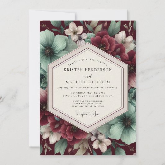 Burgundy Floral Wedding 招待状 (正面)