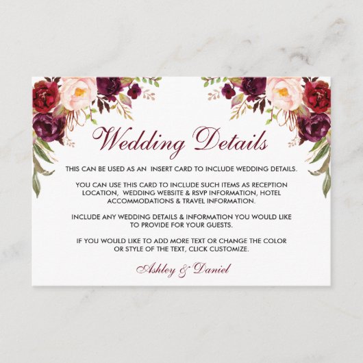Burgundy Floral Wedding Details Insert Card W エンクロージャーカード (正面)