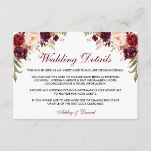 Burgundy Floral Wedding Details Insert Card W エンクロージャーカード