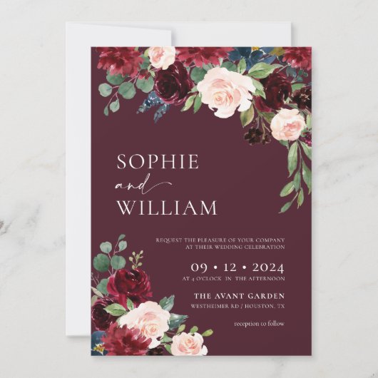 Burgundy Floral Wedding Invitation 招待状 (正面)