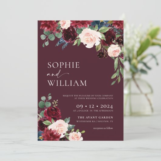 Burgundy Floral Wedding Invitation 招待状 (スタンド正面)