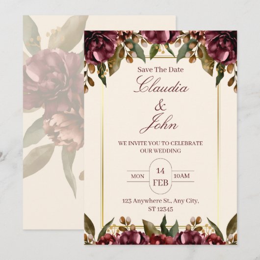 Burgundy Floral Wedding Invitation 招待状 (正面/裏面)