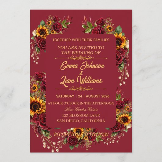 Burgundy Floral Wedding Invitation 招待状 (正面)