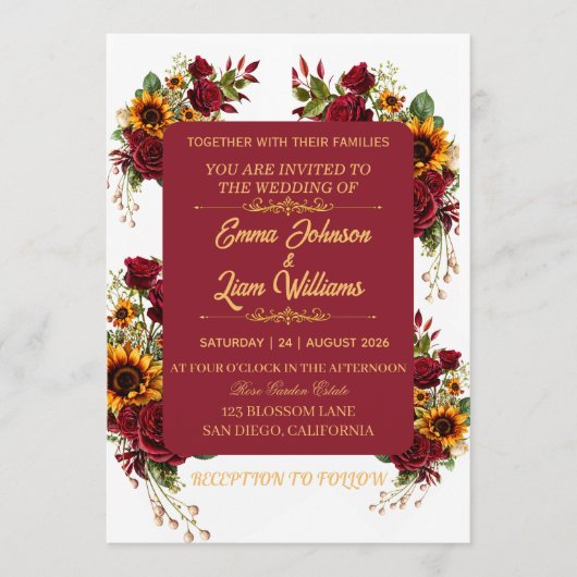 Burgundy Floral Wedding Invitation 招待状 (正面)