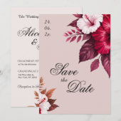 Burgundy Floral Wedding Invitation Save The Date セーブザデート (正面/裏面)