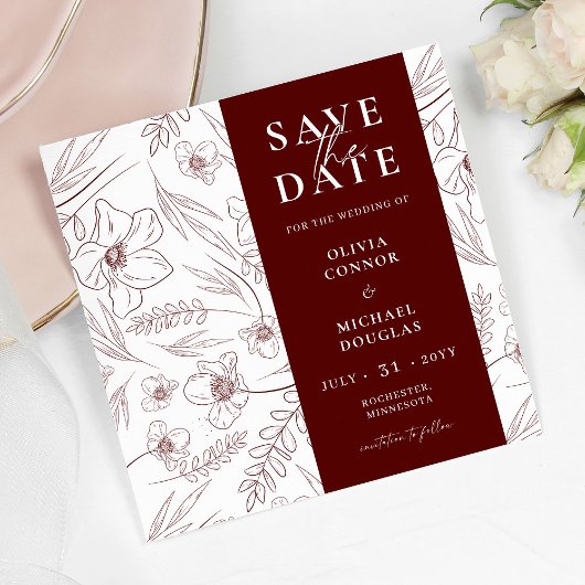 Burgundy Floral Wedding QR Code Save The Date セーブザデート