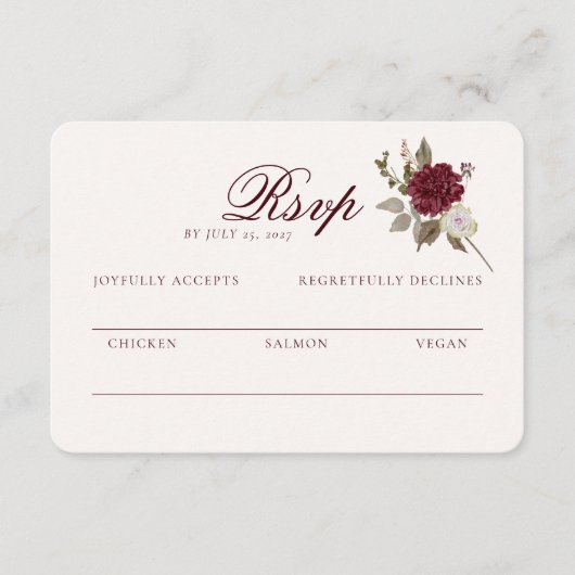 Burgundy Floral Wedding RSVP Card エンクロージャーカード (正面)