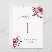 Burgundy Floral Wedding Table Number Card Elegant  (正面)