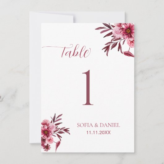 Burgundy Floral Wedding Table Number Card Elegant (正面)