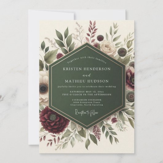 Burgundy Floral Whimsy Wedding 招待状 (正面)