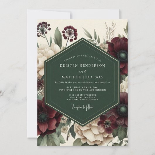 Burgundy Floral Whimsy Wedding 招待状 (正面)