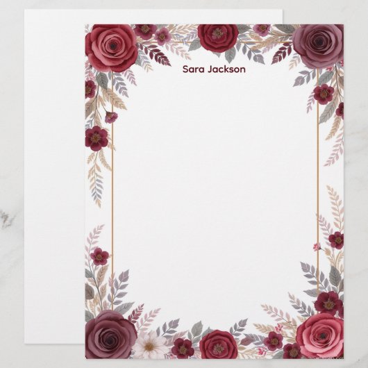 Burgundy Floral with Gray Accents Stationery Paper レターヘッド (正面/裏面)