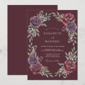 Burgundy Floral Wreath Romance Wedding 招待状 (正面/裏面)