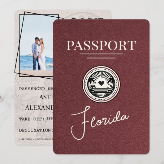Burgundy Florida Passport日付の保存 セーブザデート (正面/裏面)
