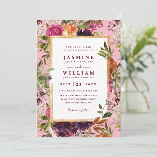 Burgundy Flower Boho Rustic QR Code Wedding 招待状 (スタンド正面)