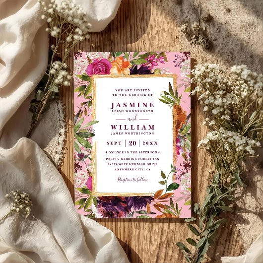 Burgundy Flower Boho Rustic QR Code Wedding 招待状