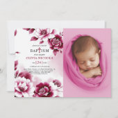 Burgundy flowers and watercolor girl Baptism photo 招待状 (正面)