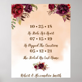 Burgundy Flowers Best Day Wedding Date Yes Sign ポスター