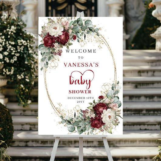 Burgundy Flowers Eucalyptus Baby Shower Welcome ポスター
