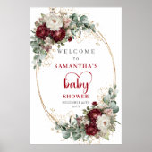 Burgundy Flowers Eucalyptus Baby Shower Welcome ポスター (正面)