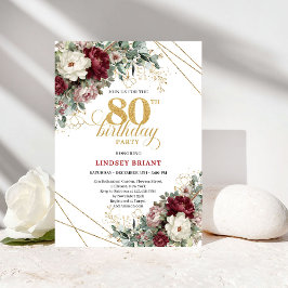 Burgundy Flowers Eucalyptus Gold 80th Birthday 招待状