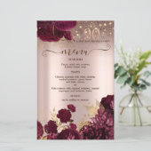 Burgundy Flowers Glitter 90th Birthday Menu Card (スタンド正面)