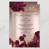 Burgundy Flowers Glitter 90th Birthday Menu Card (正面/裏面)