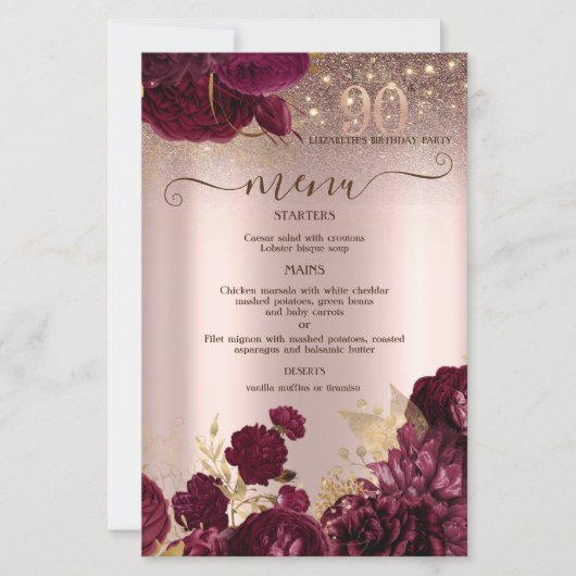 Burgundy Flowers Glitter 90th Birthday Menu Card (正面)