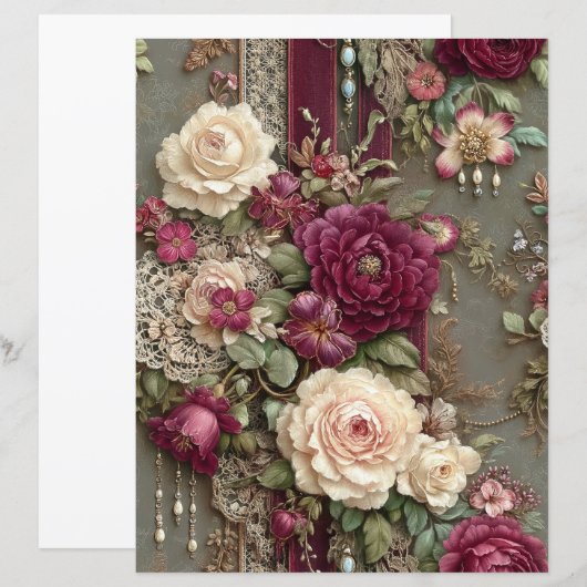 Burgundy Flowers Junk Journal Scrapbook Paper (正面/裏面)