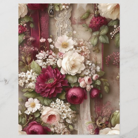 Burgundy Flowers Junk Journal Scrapbook Paper (正面)