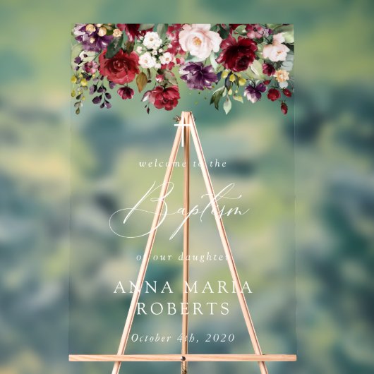 Burgundy Flowers, Pink Flowers, Baptism Welcome アクリルサイン (ニュートラル)