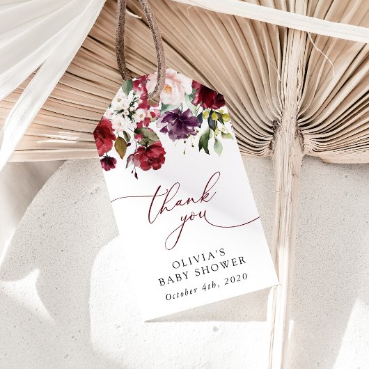 Burgundy Flowers, Pink Flowers, Boho, Baby Shower ギフトタグ