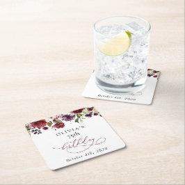 Burgundy Flowers, Pink Flowers, Boho, Birthday スクエアペーパーコースター