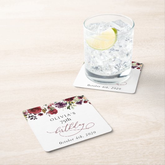 Burgundy Flowers, Pink Flowers, Boho, Birthday スクエアペーパーコースター (インサイチュ)