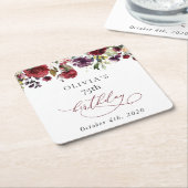 Burgundy Flowers, Pink Flowers, Boho, Birthday スクエアペーパーコースター (アングル)