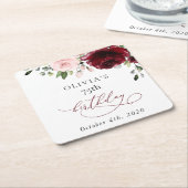 Burgundy Flowers, Pink Flowers, Boho, Birthday スクエアペーパーコースター (アングル)