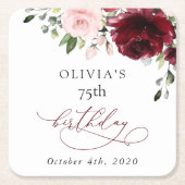 Burgundy Flowers, Pink Flowers, Boho, Birthday スクエアペーパーコースター (正面)