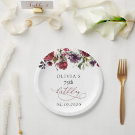 Burgundy Flowers, Pink Flowers, Boho, Birthday ペーパープレート