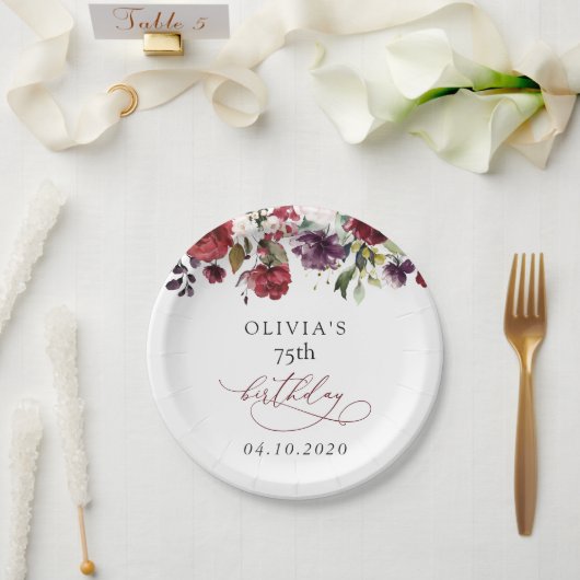 Burgundy Flowers, Pink Flowers, Boho, Birthday ペーパープレート (ウェディング)