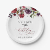 Burgundy Flowers, Pink Flowers, Boho, Birthday ペーパープレート (正面)