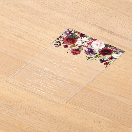 Burgundy Flowers, Pink Flowers, Boho, Confirmation アクリル招待状 (レイダウン)