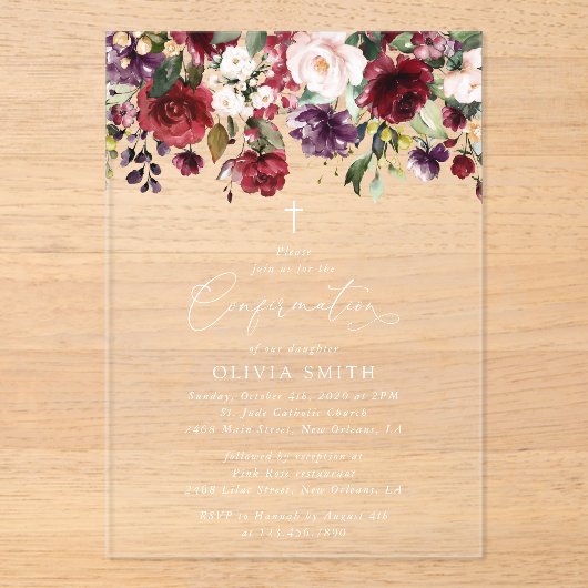 Burgundy Flowers, Pink Flowers, Boho, Confirmation アクリル招待状 (正面)