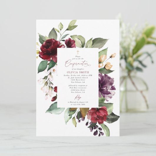 Burgundy Flowers, Pink Flowers, Boho, Confirmation 招待状 (スタンド正面)