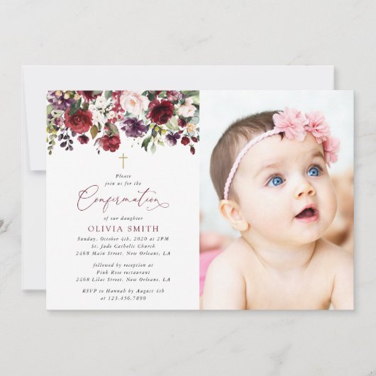 Burgundy Flowers, Pink Flowers, Boho, Confirmation 招待状 (正面)