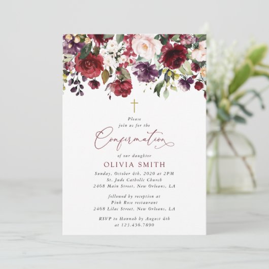 Burgundy Flowers, Pink Flowers, Boho, Confirmation 招待状 (スタンド正面)