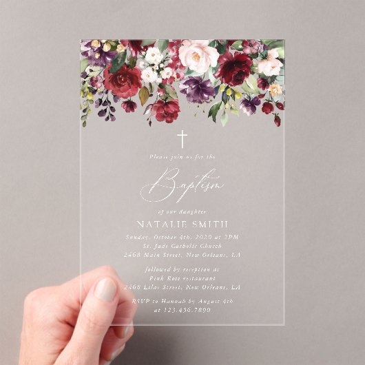 Burgundy Flowers, Pink Flowers, Floral Baptism アクリル招待状 (インサイチュ (ポータブル))