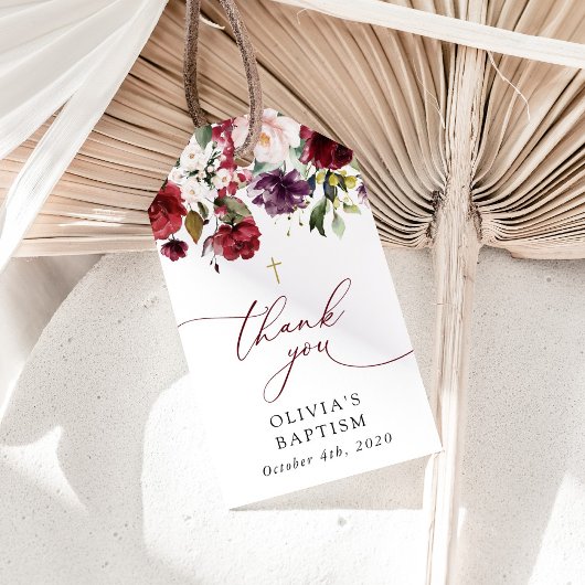 Burgundy Flowers, Pink Flowers, Floral Baptism ギフトタグ