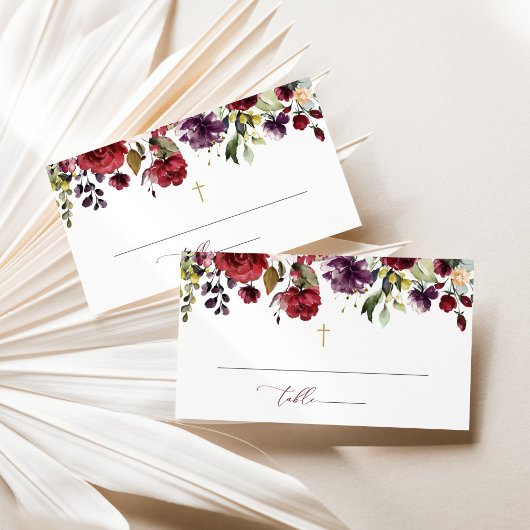 Burgundy Flowers, Pink Flowers, Floral Baptism プレイスカード